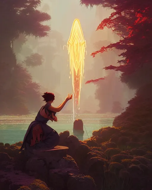 Image similar to highly detailed vfx portrait of a mage casting a water spell, unreal engine, greg rutkowski, loish, rhads, beeple, makoto shinkai and lois van baarle, ilya kuvshinov, rossdraws, tom bagshaw, alphonse mucha, global illumination, detailed and intricate environment