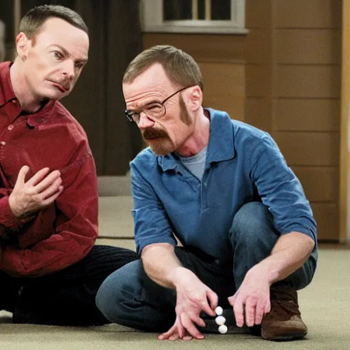 Prompt: walter white playing fetch with sheldon cooper