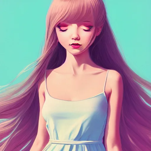 Image similar to happy adult female in sundress, summer dress, pastel light pink very long hair, muted colors, matte print, pastel colors, ornate, digital art, digital painting, fan art, elegant, artstation, head is centered, by Ilya Kuvshinov