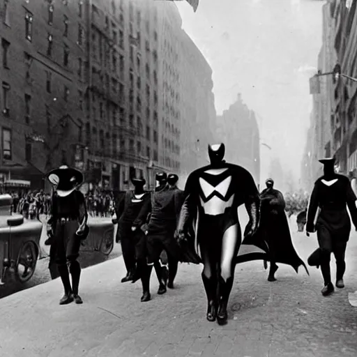 Prompt: old black and white photo, 1 9 1 3, depicting masked superheroes walking through the bustling streets of new york city, historical record