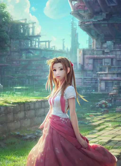 Prompt: beautiful portrait of aerith from final fantasy dahyun from twice the painterly style of wlop, artgerm, yasutomo oka, yuumei, rendered in octane render, surrounded by epic ruins landscape by simon stalenhag, dynamic soft dramatic lighting, imagine fx, artstation, cgsociety, by bandai namco artist,