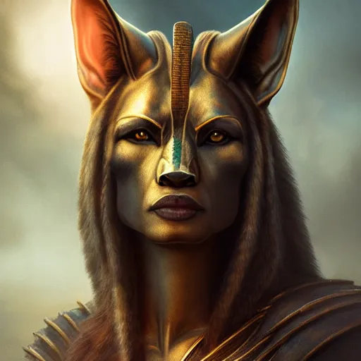 Image similar to Majestic gracious Anubis female warrior portrait, atmospheric lighting, painted, intricate, volumetric lighting, beautiful, rich deep colors masterpiece, golden hour, sharp focus, ultra detailed, by Leesha Hannigan, Ross Tran, Thierry Doizon, Kai Carpenter, Ignacio Fernández Ríos