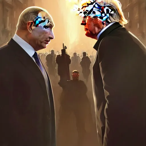 Prompt: Donald Trump vs Vladimir Putin, face to face staring, civil war style, highly detailed, digital painting, artstation, concept art, smooth, sharp focus, illustration, cinematic lighting, art by artgerm and greg rutkowski and alphonse mucha