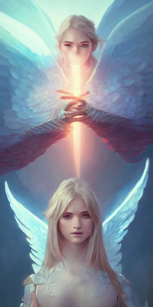 Image similar to angel with big wings, low key light, full plate armor with cloth, f 1 6, bokeh, extreme close up portrait, gentle, female, mountain, storm, god rays, landscape, d & d, fantasy, elegant, teal pink white gold color palette, concept art, moebius, greg rutkowski, alphonse mucha