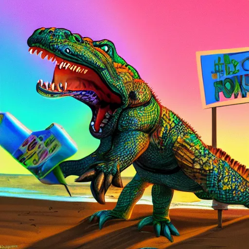 Prompt: furry art, buff scalie alligator at the beach smiling at the camera, bright colours, front page of art station, detailed, perspective angle, strong pose, global illumination, rim lighting