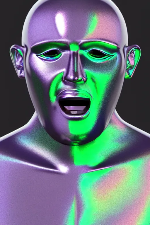 Image similar to 3d render of holographic angry human robotic screaming angry bust made of glossy iridescent, screaming, bust, surrealistic 3d illustration of a human non-binary, non binary model, 3d model human, cryengine, made of holographic texture, holographic material, holographic rainbow, concept of cyborg and artificial intelligence