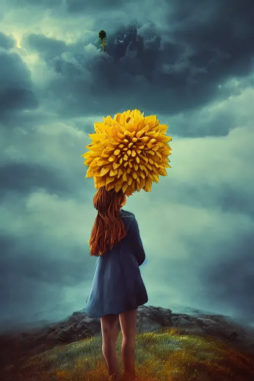 Image similar to closeup girl with giant yellow dahlia flower as head, standing on mountain, surreal photography, blue storm clouds, dramatic light, impressionist painting, digital painting, artstation, simon stalenhag