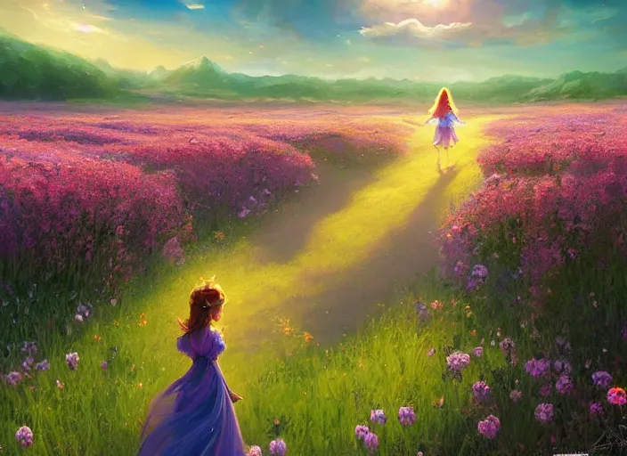 Image similar to a lone princess walks through a vast flower field in the cosmic sky by vladimir volegov and alexander averin and peder mørk mønsted and ross tran and raphael lacoste