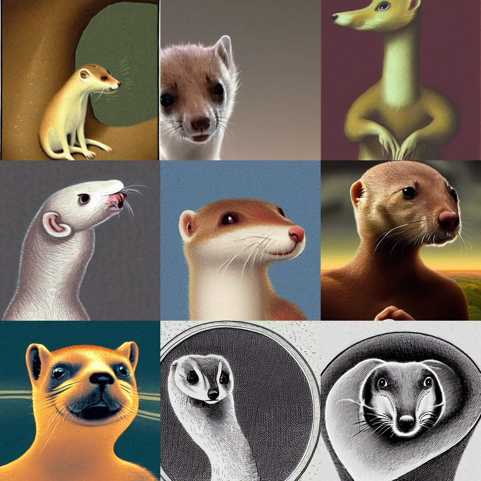 Prompt: a depiction of a weasel staring into the heart of the singularity ; / what has god wrought? / he whispers.