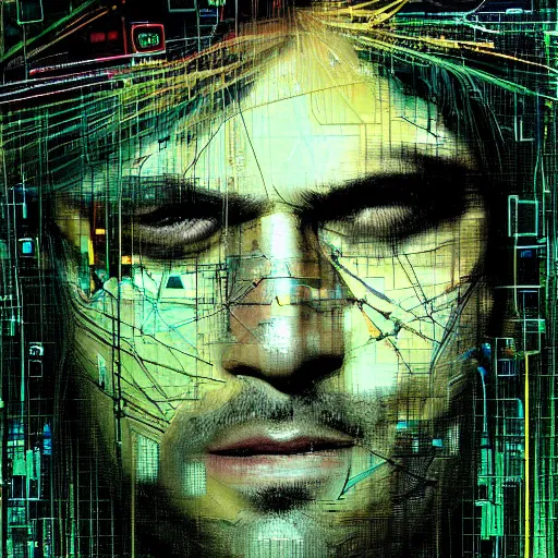 Image similar to hyperrealistic portrait of a cyberpunk man, long hair, confident, cybernetics, immersed within a network, by Guy Denning, Derek Gores, Russ Mills, glitch art, hyper focus, fined detail, polished, complex, hacking effects, holographic, digital tech effects, color blocking!, green, realistic, acrylic on canvas, concept art, abstract!, 8k, concept art, octane, cgsociety, trending on artstation