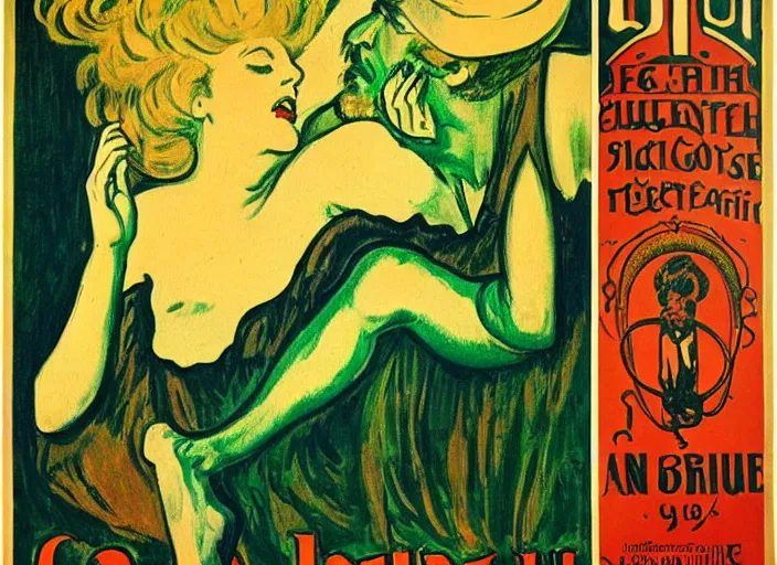 Prompt: promotional posters for Cthulu's debut show in Paris, 19th century, art noveau, fin de siecle, Toulouse Lautrec, absinthe