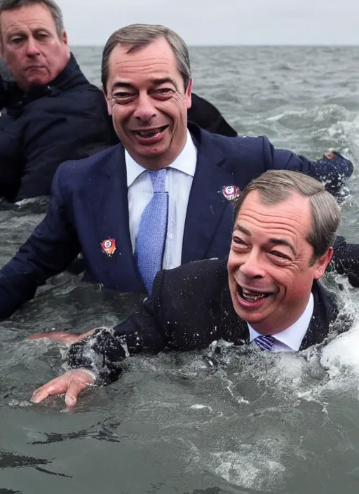 Image similar to Photograph of Nigel Farage crossing the British Channel in a sinking dingy, drowning, realistic, high quality, photography