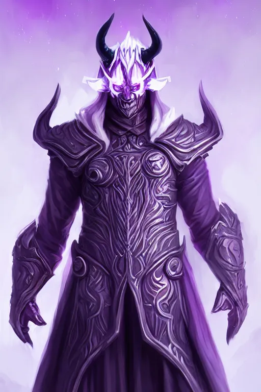 Prompt: man male demon, full body white purple cloak, purple armor, warlock, character concept art, costume design, black eyes, white horns, trending on artstation, Artgerm , WLOP