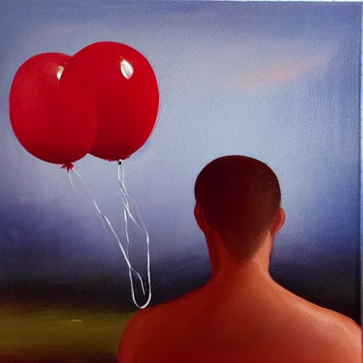 Prompt: “ wistful oil painting of a man watching parts of himself float away like red balloons against a sky at sunset, these are all his memories, he is steeling himself to become a champion of loss ”