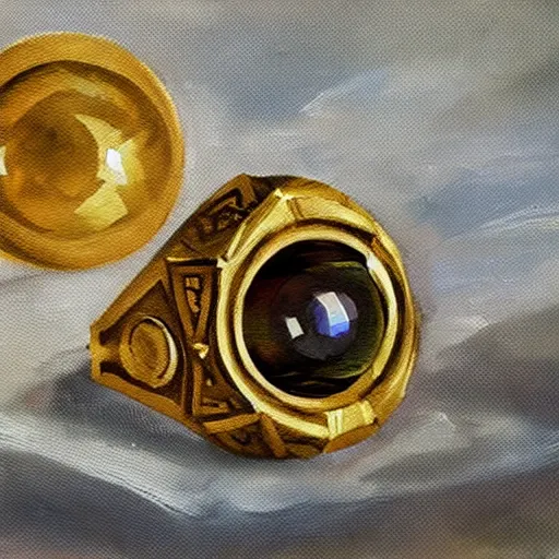 Image similar to a dnd golden wedding ring with three small glowing orbs in the center of its face, oil painting