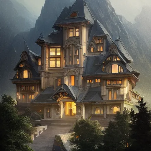 Prompt: Ultra realistic illustration of Futuristic Modern Mansion in the mountains , sci-fi, fantasy, intricate, elegant, highly detailed, digital painting, artstation, concept art, smooth, sharp focus, illustration, dramatic lighting, art by artgerm and greg rutkowski and alphonse mucha