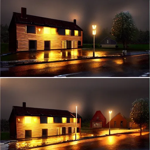 Image similar to dark rainy night, lights, swedish houses, cars driving, rain on screen, realistic, cinematic, raytracing, intense detail, artstation