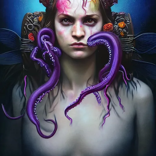 Image similar to art portrait of a furious girl with purple tentacles on her head, 8 k, by tristan eaton, stanley artgermm, tom bagshaw, greg rutkowski, carne griffiths, trending on deviantart, face enhance, hyper detailed, full of colour,