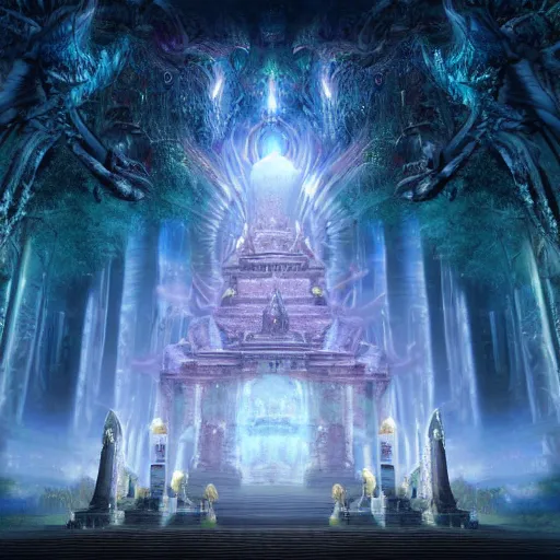 Image similar to a biggest temple of the universe in the magical world, magical creatures worshipping their god, sharp image , photo realistic, foggy ,hyperreal, hyperdetailed, 8k , glowing effect