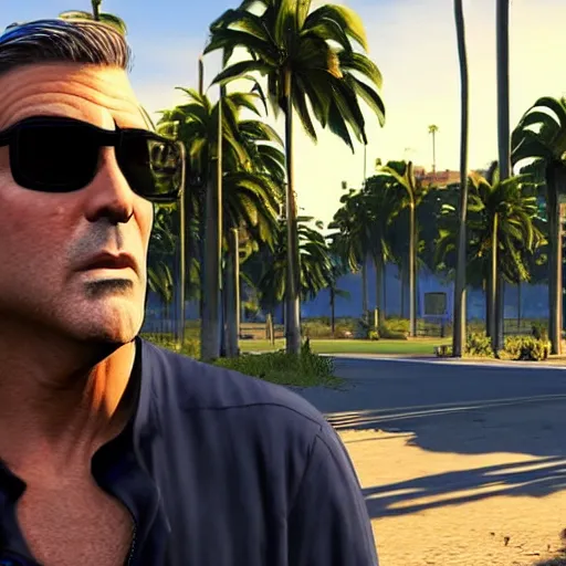 Prompt: george clooney in gta v. los santos in background, sunglasses, tank top shallow depth of field, palm trees in the art style of stephen bliss