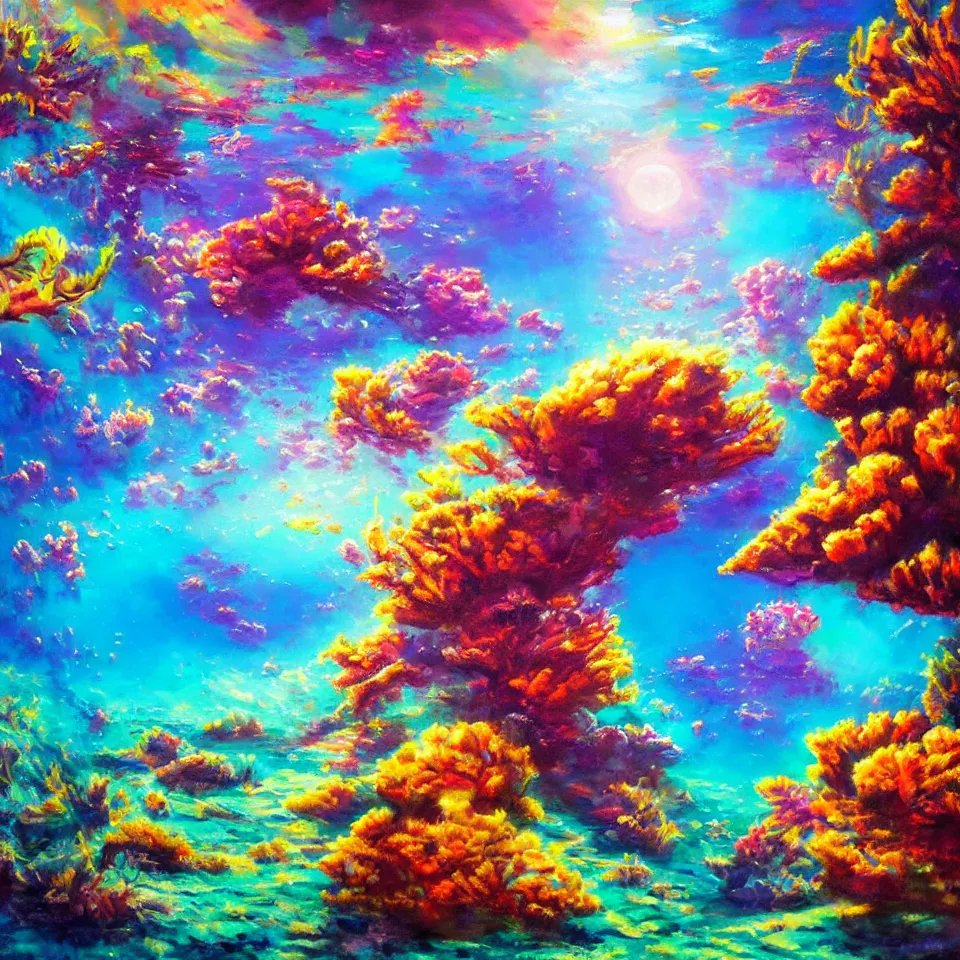 Image similar to underwater neon coral reef landscape magical realism painting with sun rays coming from above, neon pastel colors