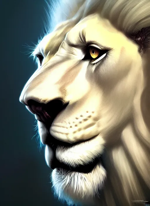 Image similar to an anthromorphic male white lion, diffuse lighting, fantasy, highly detailed, photorealistic, digital painting, artstation, illustration, concept art, smooth, sharp focus, in the style of tom bagshaw