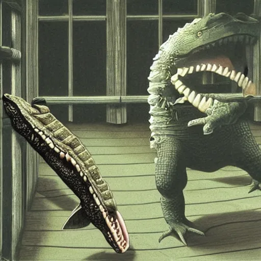 Image similar to an alligator in a fencing duel with a crocodile, highly detailed, 4K, by Chris van Allsburg