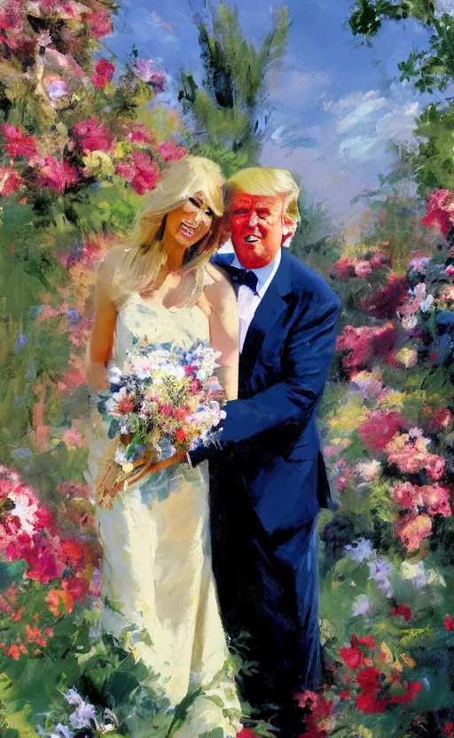 Prompt: romantic portrait of donald trump in an elegant dress surrounded by beautiful flowers, by gregory manchess, james gurney, james jean