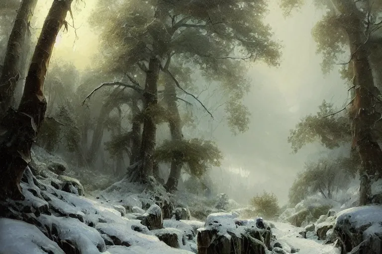 Prompt: a beautiful oil painting of a valley covered in snow, trees with green leaves, thunderstorm in the sky, blue lighting, gloomy, atmospheric lighting, detailed, beautiful!! by greg rutkowski, trending on artstation