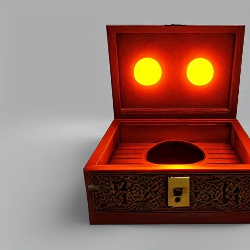 Prompt: a small arabesque carved wooden box with the lid open displaying a magic orange glowing orb inside. the box is sitting on a wooden tabel top with paper and magazines surrounding the box, hyper detail, dramatic lighting, octane render, unreal engine