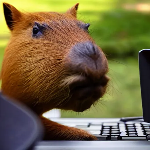 Image similar to A picture of a capybara programming a computer