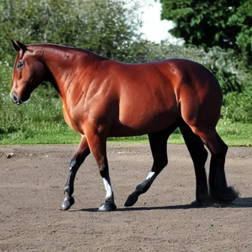 Prompt: a hyper obese horse. The horse is so fat that his legs can’t touch the ground