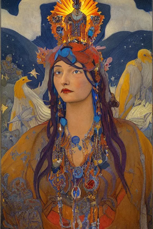 Image similar to queen of the crows with stars in her hair by Nicholas Roerich and Annie Swynnerton and Diego Rivera and jean delville and Carl Larsson, dramatic cinematic lighting , silver jewelry, ornate headdress, flowing robes, sacred artifacts, lost civilizations, smooth, sharp focus, extremely detailed