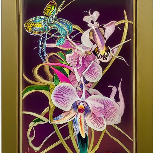 Image similar to majestic colorful orchid mantis enamel by leon bakst and yoshitaka amano, beautiful hyperdetailed art nouveau orchids, james jean, amanda sage