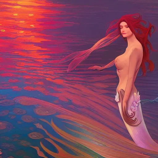 Prompt: a mermaid with a beautiful psychedelic fin, cinematic lighting, soft bokeh, fantasy, modern, colourful, highly detailed, digital painting, artstation, deviantart, concept art, sharp focus, illustration, alphonse mucha, edward hopper