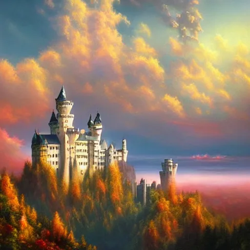 Prompt: highly detailed fantasy art, artstation style, artstation form, castle neuschwanstein floating in the sky, surrounded by clouds, surreal dreamscape, painting by paul lehr and mark Keathley