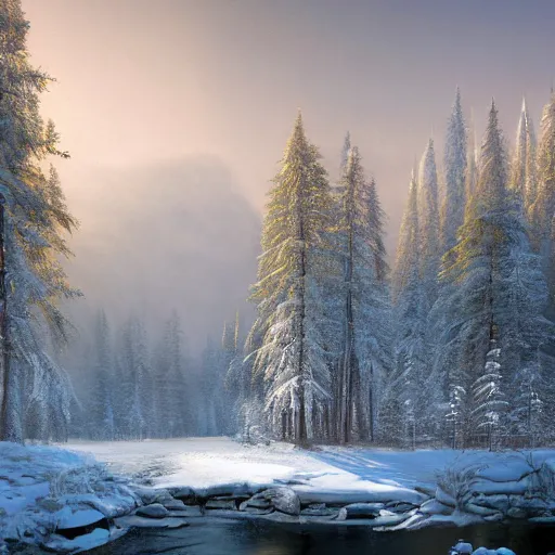 Prompt: Beautiful hyper-realistic detailed matte painting of Siberian forest landscape with frozen stream of lost vibes in the foreground and dark dense coniferous forest in the background, early morning, winter, gentle mist, by andreas rocha and john howe, and Martin Johnson Heade, featured on artstation, featured on behance, golden ratio, ultrawide angle, f32, well composed, cohesive