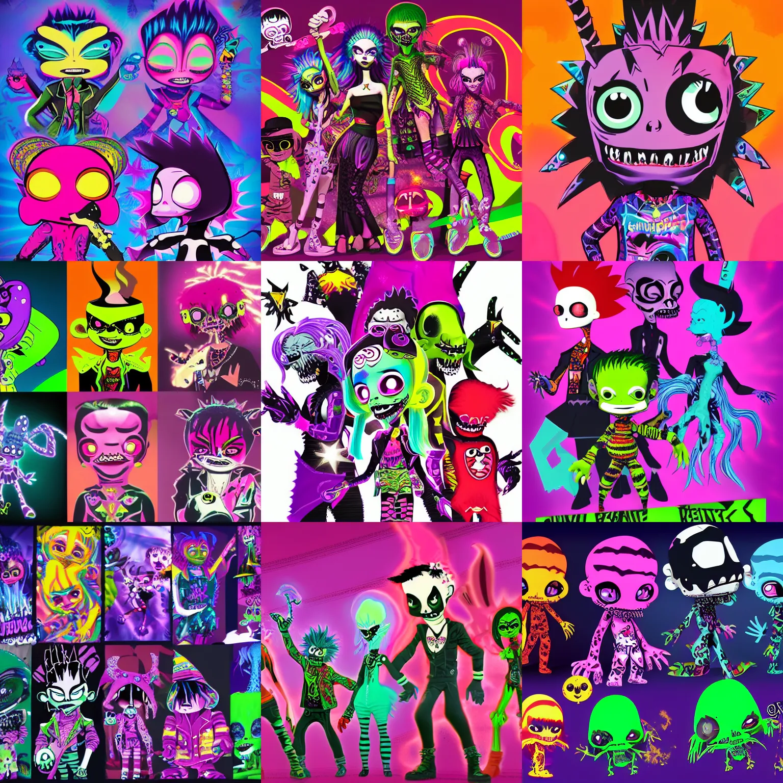 Prompt: CGI lisa frank gothic punk glow in the dark vampiric rockstar vampire squid concept character designs of various shapes and sizes by genndy tartakovsky and the creators of fret nice at pieces interactive and psychonauts by doublefines tim shafer being overseen by Jamie Hewlett from gorillaz for splatoon by nintendo