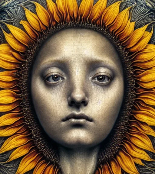 Image similar to detailed realistic beautiful sunflower goddess face portrait by jean delville, gustave dore, iris van herpen and marco mazzoni, art forms of nature by ernst haeckel, art nouveau, symbolist, visionary, gothic, neo - gothic, pre - raphaelite, fractal lace, intricate alien botanicals, ai biodiversity, surreality, hyperdetailed ultrasharp octane render