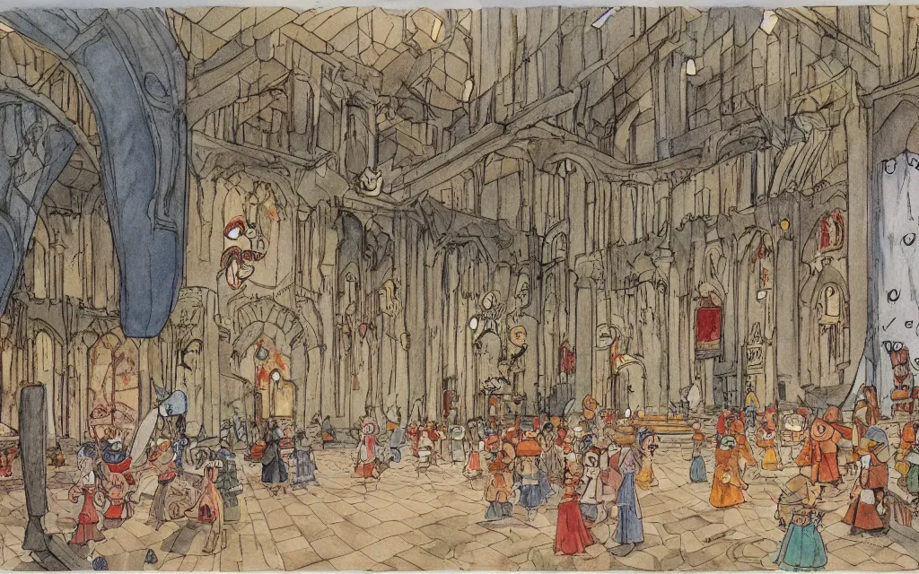 Prompt: interior, a large hall in the castle decorated for halloween drawn by hayao miyazaki, watercolor illustration for a book