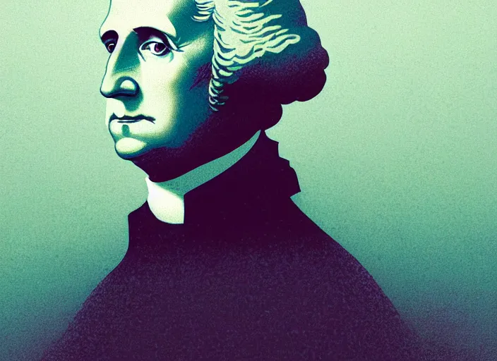 Image similar to illustrated portrait of george washington, colorful, mads berg, karolis strautniekas, christopher balaskas, stippled light, low fog, moody, fine texture, editorial illustration, dramatic lighting, dynamic composition, detailed, matte print, muted color, ( ( victo ngai ) ), wide angle