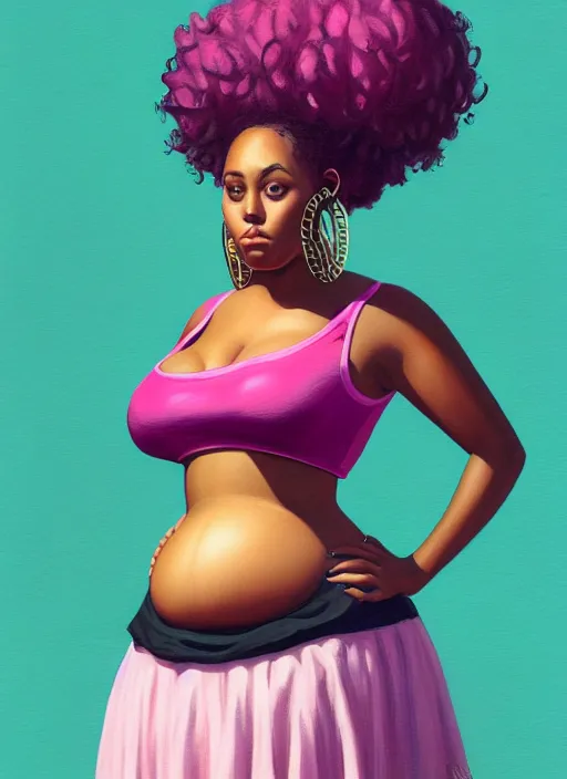 Image similar to full body portrait, teenage vanessa morgan, pink hair, obese, black girl, curly pixie hair, sultry, realistic, short hair, hoop earrings, skirt, shirt, fat, belly, intricate, elegant, highly detailed, digital painting, artstation, concept art, smooth, sharp focus, illustration, art by wlop, mars ravelo and greg rutkowski