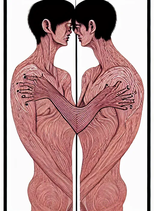 Image similar to 1 px color ink art by junji ito, perfectly centered symmetrical balanced male and female portrait of man and woman in love sharing one heart. high coherence ; fractal geometrical 8 k ultra hd