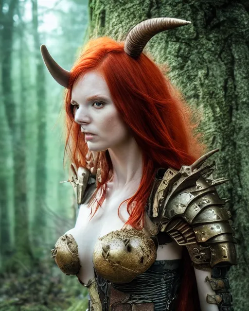 Image similar to 5 5 mm portrait photo of an armored redhead woman warrior, and horns growing from her head, in a magical forest. by luis royo. highly detailed 8 k. intricate. lifelike. soft light. nikon d 8 5 0. cinematic post - processing