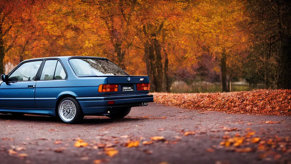 Image similar to a rear shot of a modified bmw e 3 0 driving through autumn leaves, motion blur, 3 5 mm photography, car photography, clean lines, realistic