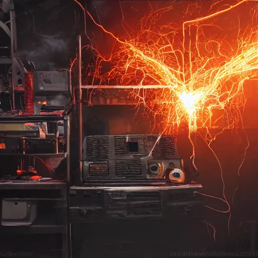 Image similar to overcharging toaster oven, tangles of metallic cables, dark messy smoke - filled cluttered workshop, dark, dramatic lighting, orange tint, sparks, plasma charges, cinematic, highly detailed, sci - fi, futuristic, movie still