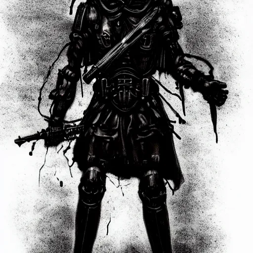 Image similar to full-body dark creepy gothic realistic drawing central composition a decapitated soldier with futuristic elements. he welcomes you under with no head, empty helmet inside is occult mystical symbolism headless full-length view. standing on ancient altar eldritch energies disturbing frightening, hyper realism, 8k, sharpened depth of field, 3D