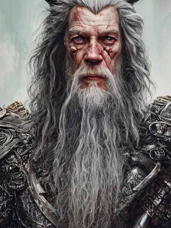 Prompt: portrait art of 8k ultra realistic Gandalf, detailed intricate ornate armour,decaying, cybernetic, full of colour, cinematic lighting, battered, trending on artstation, 4k, hyperrealistic, focused, extreme details,unreal engine 5, cinematic, masterpiece, art by ayami kojima, giger