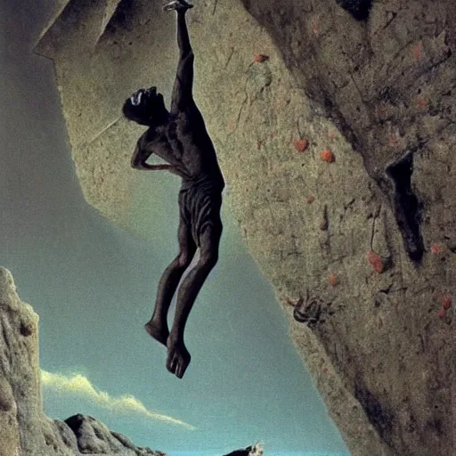 Prompt: high - definition shot of a boulderer jumping dynamically between holds. award - winning artwork by salvador dali and beksinski