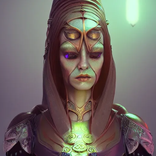 Prompt: a hyperrealistic 3D render of a beautiful alien High-Priestess. Trending on ArtStation. In the style of Jason Chan, Tuomas Korpi and WLOP. Epic fantasy art. Middle Earth.